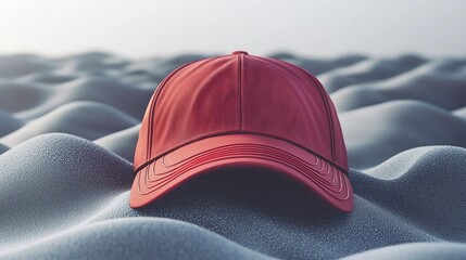 A red cap resting on soft, undulating surfaces, evoking a serene and minimalist atmosphere.