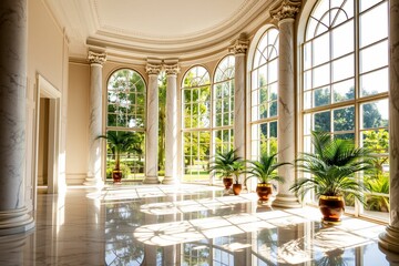 Luxurious Classical Hall with Marble Columns and Garden View.generative AI
