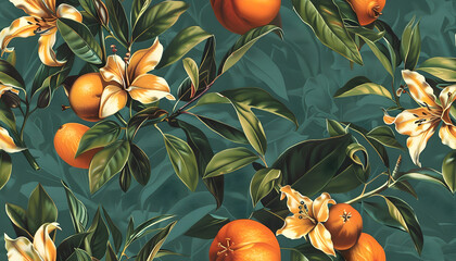 Vibrant Orange Lilies and Citrus Fruit Illustration