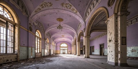 Fototapeta premium Elegant Urban Exploration: Light Purple & Gold Abandoned Building Interior Stock Photo