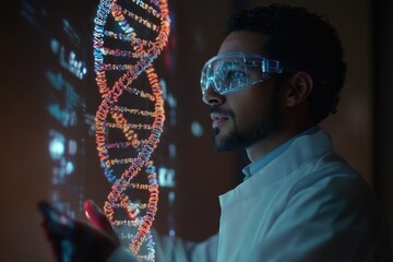 Medical scientist working with futuristic touchscreen display showing rotating dna double helix and data
