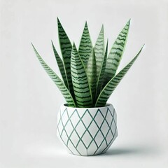 Green snake plant with patterned leaves in a white geometric pot