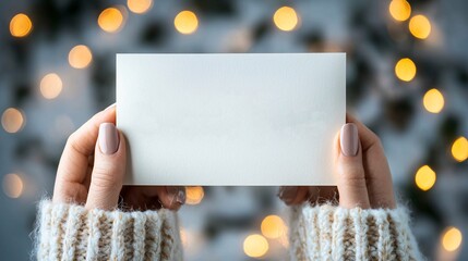 Hands Holding Blank Card with Bokeh Background