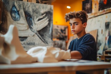 Gen Z boy at a modern art studio, sculpting a piece of art, contemporary design, bright lighting,...