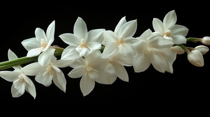 Obraz premium Delicate white flowers arranged elegantly on a dark background showcasing natural beauty and simplicity. Generative AI