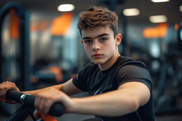 Obraz premium Gen Z boy at a stylish gym, using a rowing machine, focused expression, modern equipment, bright and motivating fitness environment