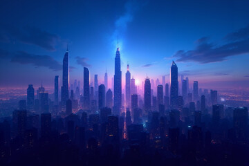 Obraz premium Futuristic Cityscape with Glowing Skyscrapers in Vibrant Blue and Pink Twilight