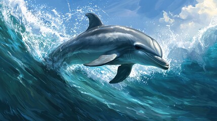 Fototapeta premium Dolphin Leaping Through Ocean Wave: A Majestic Marine Mammal in its Natural Habitat