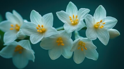 Obraz premium Delicate white flowers with bright yellow anthers blooming against a soft background in a tranquil setting. Generative AI