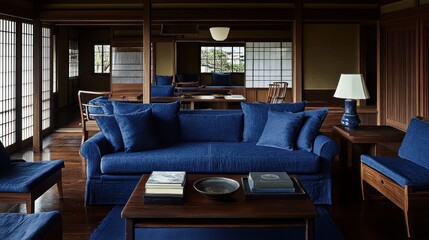 A cozy, modern living room with blue furniture and wooden accents, emphasizing comfort and style.