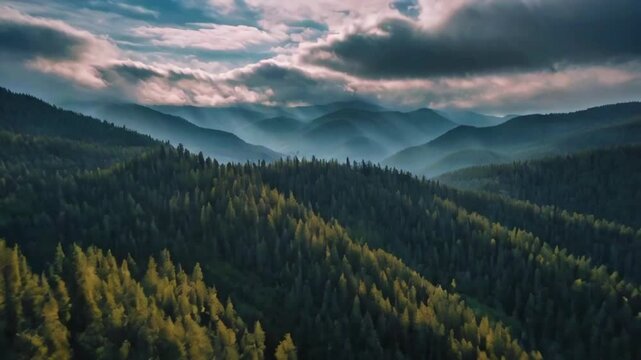cinematic drone shot of Pine tree mountains with smokey clouds around. Make it look suspenseful, 4k lofi hip-hop bites landscape music video