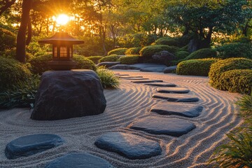 Stone path leading through serene japanese zen garden at sunset