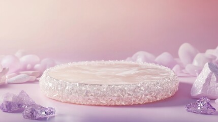 Elegant pink crystal platform surrounded by purple crystals on soft background