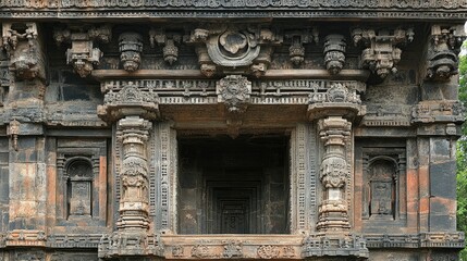 Intricate stone carvings adorn the entrance of an ancient temple, showcasing detailed craftsmanship and architectural design.