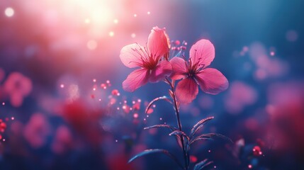 Vibrant pink flowers bloom amidst a soft, dreamlike background of blue and purple hues at dusk. Generative AI