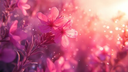 Beautiful pink flowers blooming in a soft morning light with glowing bokeh background and delicate details. Generative AI