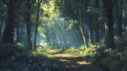 Obraz premium serene forest trail illuminated by sunlight through tall trees