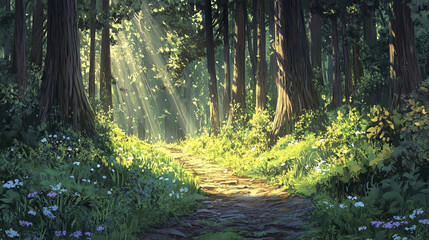 Obraz premium serene forest trail surrounded by towering trees and vibrant greenery