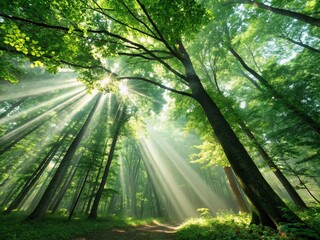 Obraz premium Enchanting Forest Scene: Sunbeams Through Lush Canopy, Mystical Atmosphere