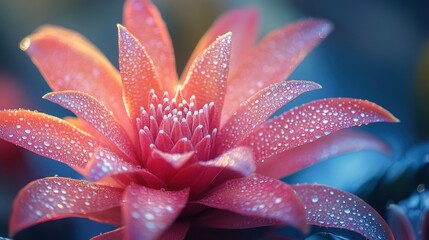 Dew-kissed pink flower blossoms vibrantly in soft morning light amidst botanical backdrop. Generative AI