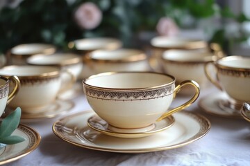 Fototapeta premium Elegant porcelain teacup and saucer set with gold polka dots design