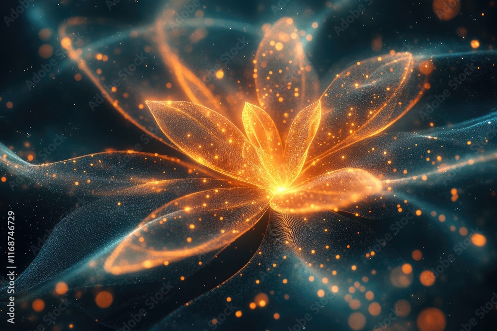 Poster golden flower made of particles is blooming in a dark abstract background