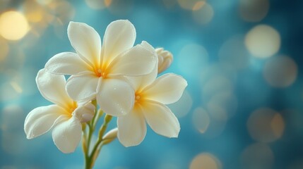 Naklejka premium Beautiful white flowers with yellow centers against a soft blue background creating a serene atmosphere in springtime. Generative AI