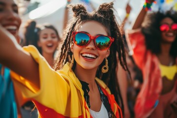 Gen Z friends at a summer music festival, wearing festival gear, dancing and enjoying live music, vibrant atmosphere, energetic vibe