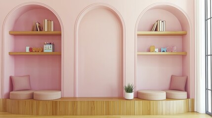 Cozy pink interior with wooden shelves and cushions.