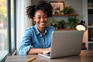 Fototapeta premium Smiling young woman working on laptop in cozy home office, perfect for remote work,ancing, or online learning.