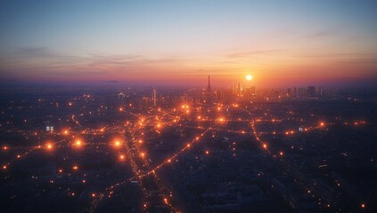 Fototapeta premium Sunset Cityscape: Aerial View of a Metropolis at Dusk