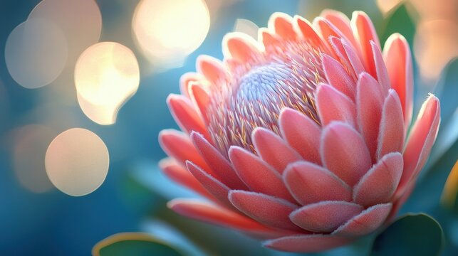Beautiful pink protea flower surrounded by soft bokeh lights in a garden setting during a sunny afternoon. Generative AI