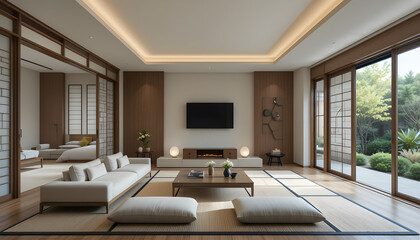 A modern home's living room features a Japanese-inspired interior design with minimalist furniture, shoji screens, and traditional tatami mats, creating a serene and harmonious space