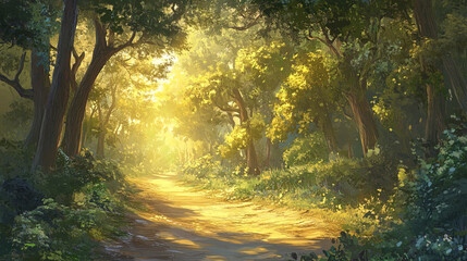 Obraz premium peaceful forest path with golden sunlight filtering through trees