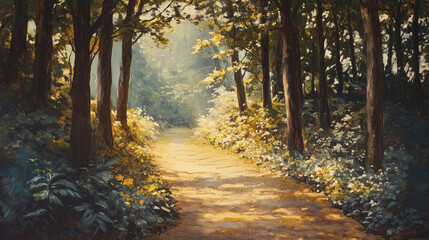 Fototapeta premium peaceful forest path with golden sunlight filtering through trees