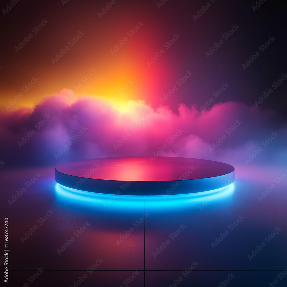 Poster a glowing circular podium surrounded by colorful smoke, creating a dramatic and vibrant atmosphere.