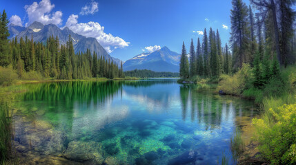 Serene Summer Mountain Lake with Lush Forest and Clear Reflections