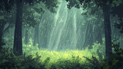 Obraz premium peaceful rainy forest with visible streaks of rain and lush greenery