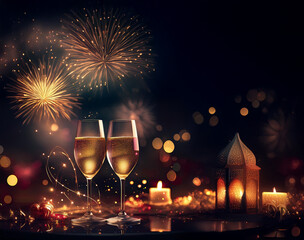 Two champagne flutes filled to the brim, sparkling under a vibrant fireworks display. A warm candlelit scene with a lantern adds a touch of festive elegance to the celebratory night.