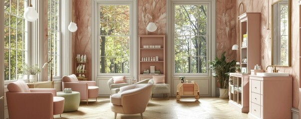 Bright and stylish beauty salon interior with large windows.