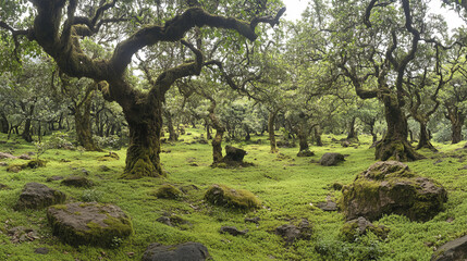 picturesque subtropical forest in Nepal with lush greenery and ancient trees