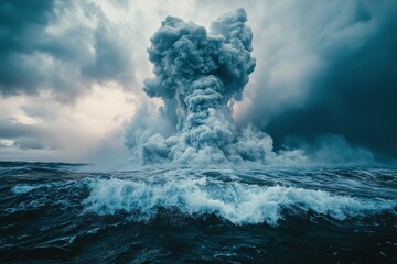 Fototapeta premium Massive volcanic eruption generates large plume of ash and steam over ocean waters