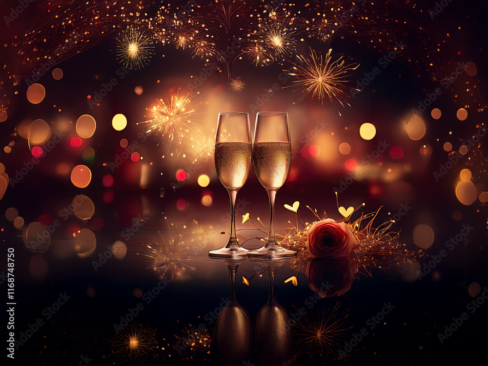 Poster two champagne flutes stand before a celebratory fireworks display and bokeh lights, reflecting on a 