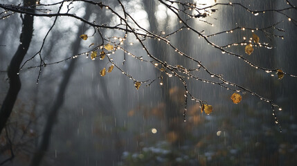 serene woodland scene with shimmering rain falling on leaves