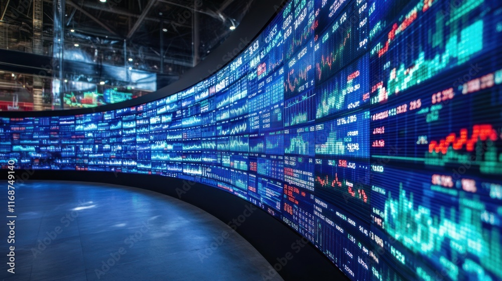 Aufkleber a curved display of financial data and stock market trends in a modern trading environment.