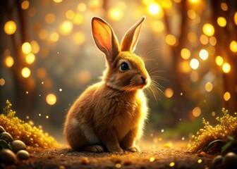 A magical, golden bunny emerges from a blurred fantasy background.