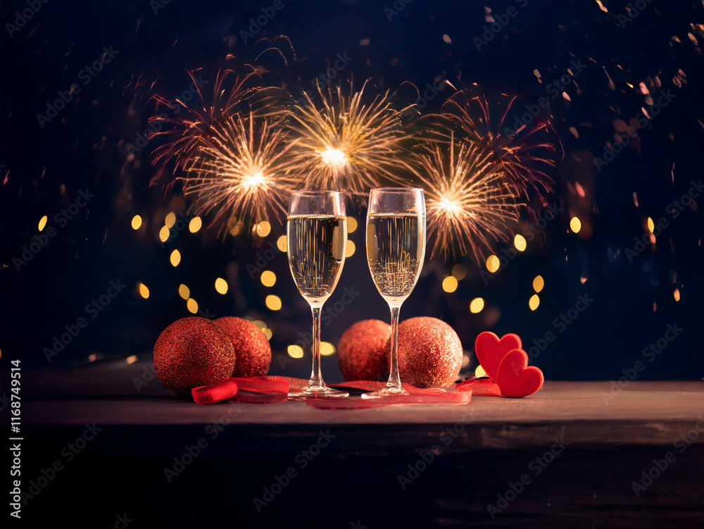 Poster two champagne flutes filled to the brim, stand before a mesmerizing fireworks display and glowing bo