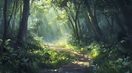 Obraz premium serene forest path winding gently through lush green foliage