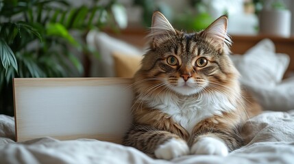 Close-up Photo: Majestic Maine Coon Cat Posing Calmly with Blank Sign Mockup on Cozy Bed. AI Generated