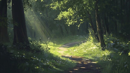 Obraz premium serene forest path winding gently through lush green foliage and sunlight